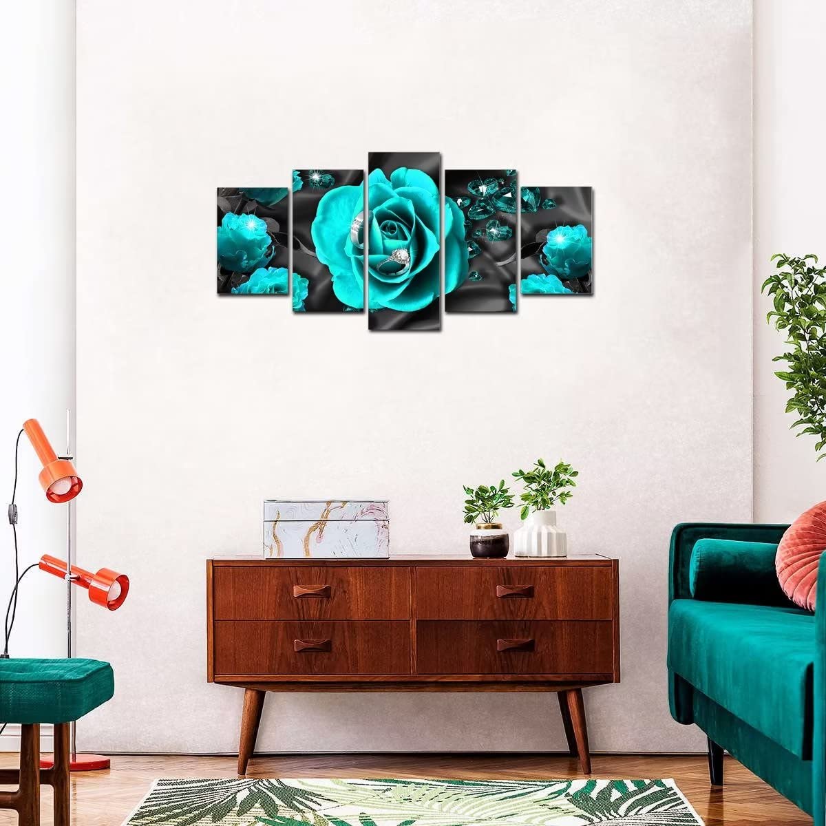 AWLXPHY Decor Teal Rose Wall Art Canvas Painting Framed 5 Panels for Living Room Decoration Modern Blue and Black Rose Stretched Artwork Floral Giclee (Blue, 60"x30")