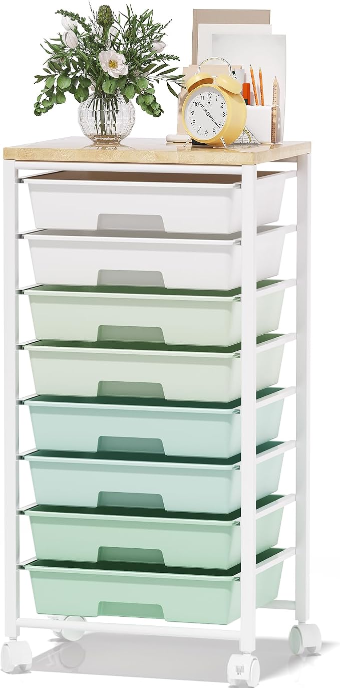 Rolling Cart with 8 Drawers, Storage Drawers Cart with Wooden Tabletop and Lockable Wheels, Craft Storage for Living Room, Office, Classroom, Craft Room, Bedroom
