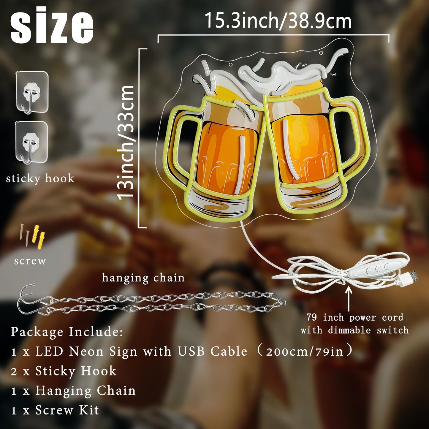Beer Neon Sign UV Prited Cheers Neon Light Dimmable USB Powered Beers Glass Light Up Sign for Man Cave Bar Pub Store Bedroom Restaurant Club Hotel Party Decor