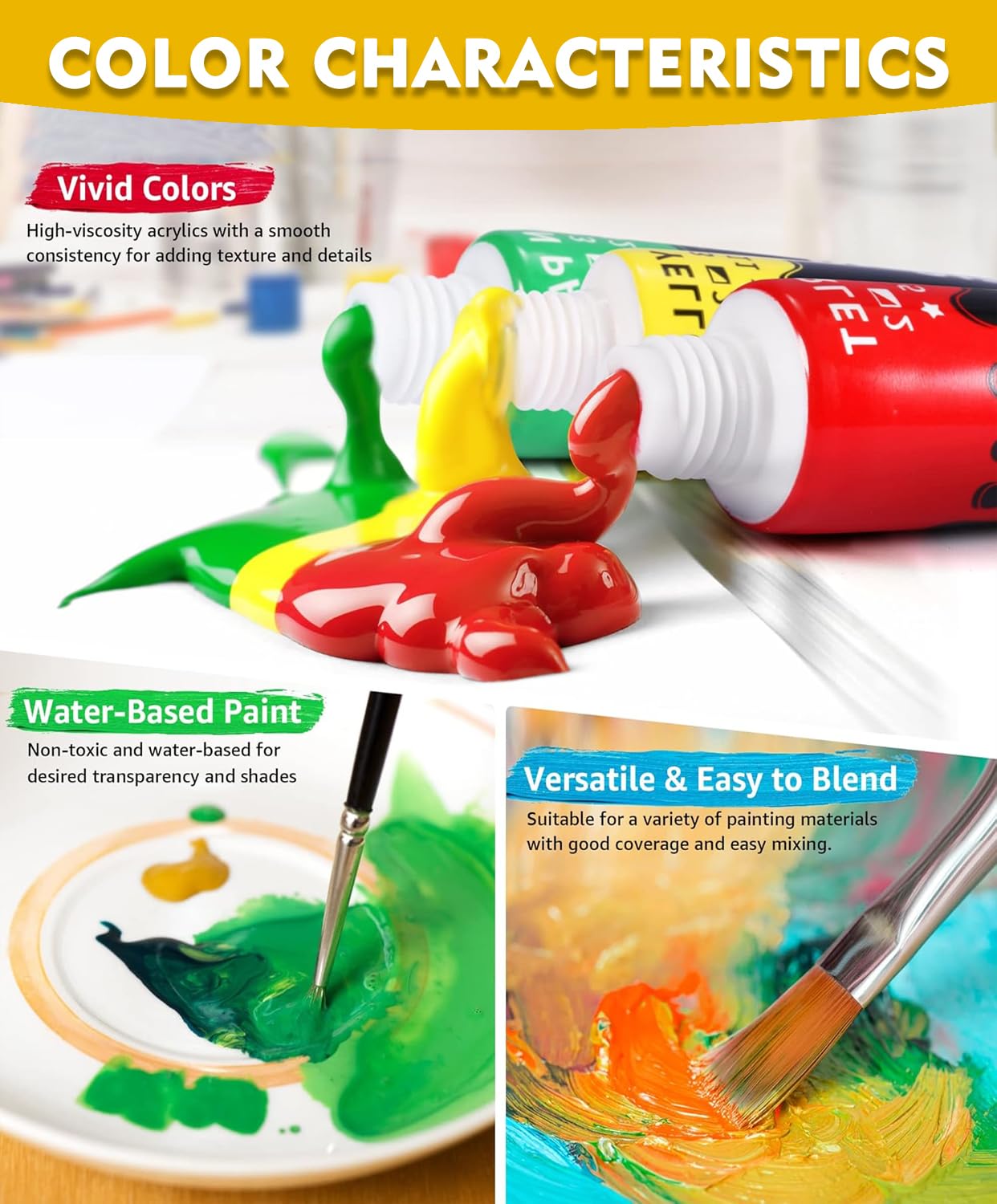 Colorful Acrylic Painting Kit - Paint Supplies Set with 24 Colors, 30 Brushes, 5 Canvases, 1 Pad, 2 Palette, 2 Sponge & 1 Wood Easel - Art Acrylic Paint Set for Beginners, Kids, Adults