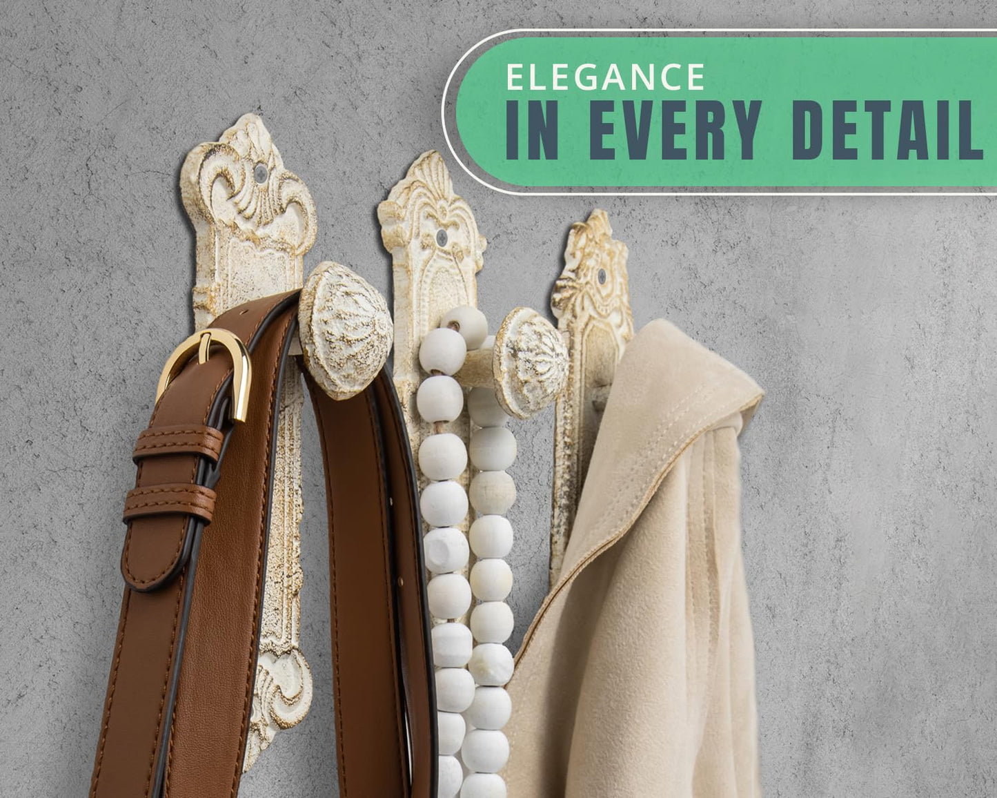 Comfify Shabby Chic Cast Iron Decorative Wall Mounted Hooks - Rustic White - Door Knob Coat Hooks - Set of 3 - Screws and Anchors Included - Antique Wall Hooks for Hanging Clothes