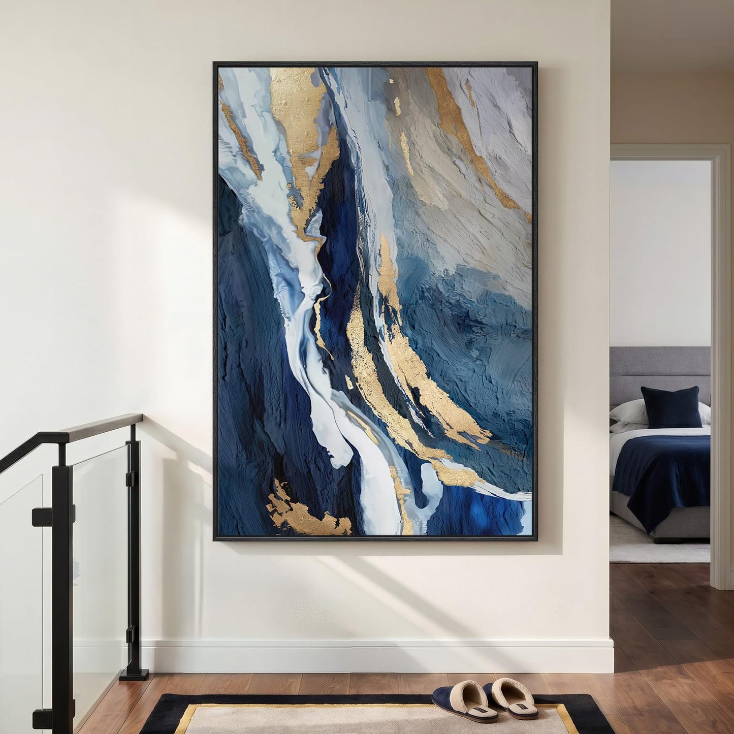 Extra Large Framed Blue Abstract Wall Art for Living Room, 40x60 In Oversized Blue and Gold Modern Canvas Prints Paintings, Big Vertical Navy Blue Pictures for Hallway Dining Bedroom Office Wall Decor