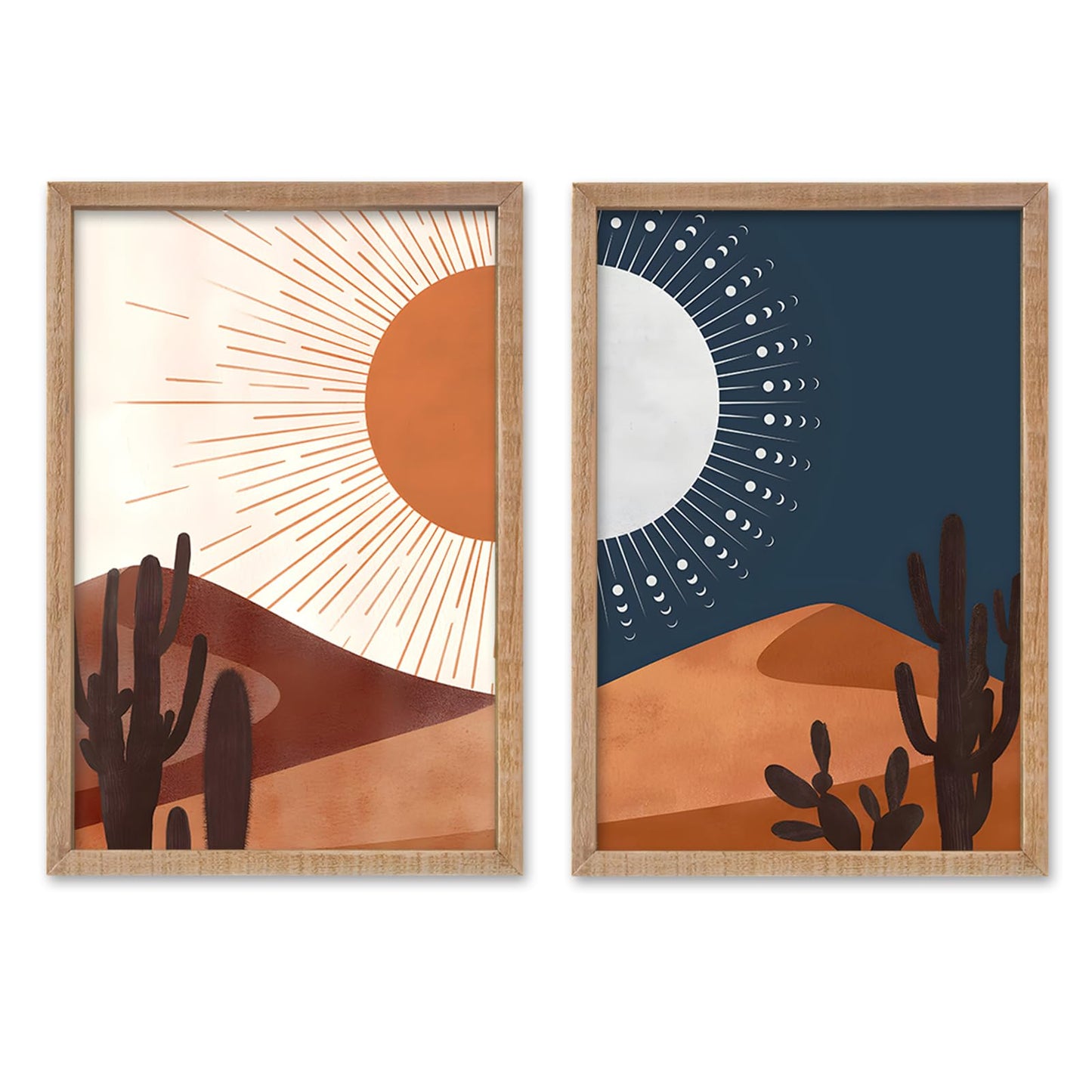 SRSZHIYUE Desert Cactus Landscape Day and Night Wall Art 16x11 Inch 2 Pieces Boho Abstract Wall Decor for Living Room Wooden Framed Hanging (Wood)