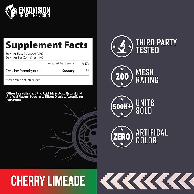 Ekkovision Creatine Monohydrate Powder, Micronized, Cherry Limeade, Pre Workout & Post Workout Supplement for Men & Women, Energy Support, Easy to Mix in Shakes, Smoothies & Beverages, 100 Servings