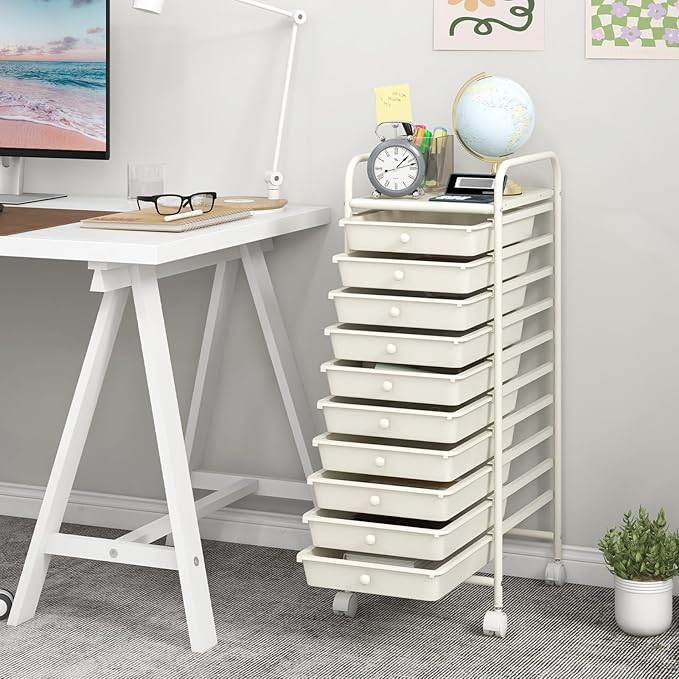 MEDIMALL 10 Drawers Rolling Storage Cart, Multipurpose Craft Storage Cart with Wheels, Mobile Tools Scrapbook Paper Organizer Cart for Office School Home Use