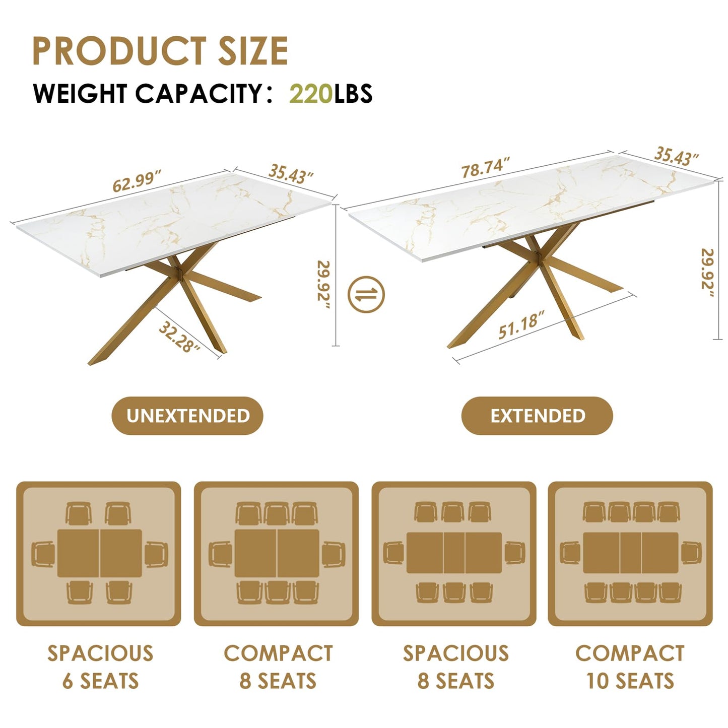 63"-79" Extendable Dining Table for 6-10 People, Modern Rectangle Extendable Kitchen Table with Gold Faux Marble Tabletop and Gold Metal Cross Legs for Restaurant/Dining Room/Kitchen/Living Room