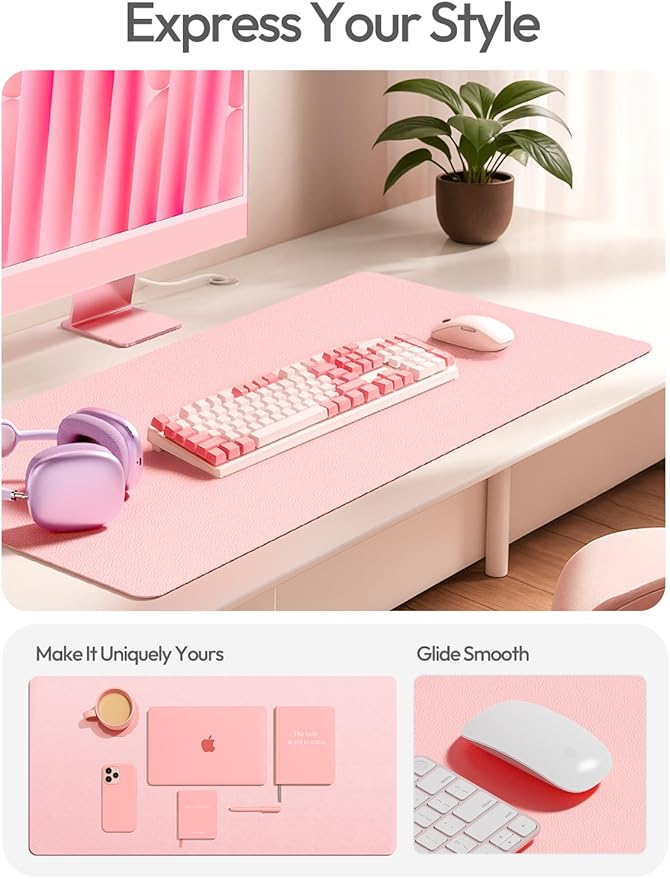 YSAGi Leather Desk Protector, Office Mat, Large Mouse Mat, Non-Slip PU Leather Blotter, Laptop Pad, Waterproof Writing Pad for Office and Home (Light Pink, 47.2" x 23.6")