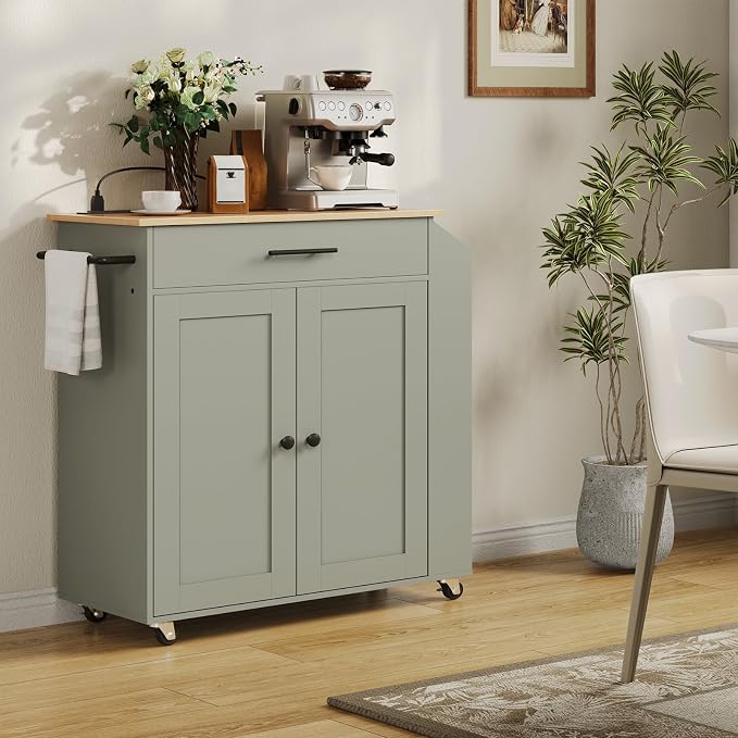 HOOBRO Kitchen Island with Power Outlet, Storage Island with Spice Rack and Drawer, Rolling Kitchen Cart on Wheels, for Home, Dining Room, Natural and Green JN82UZD01G1