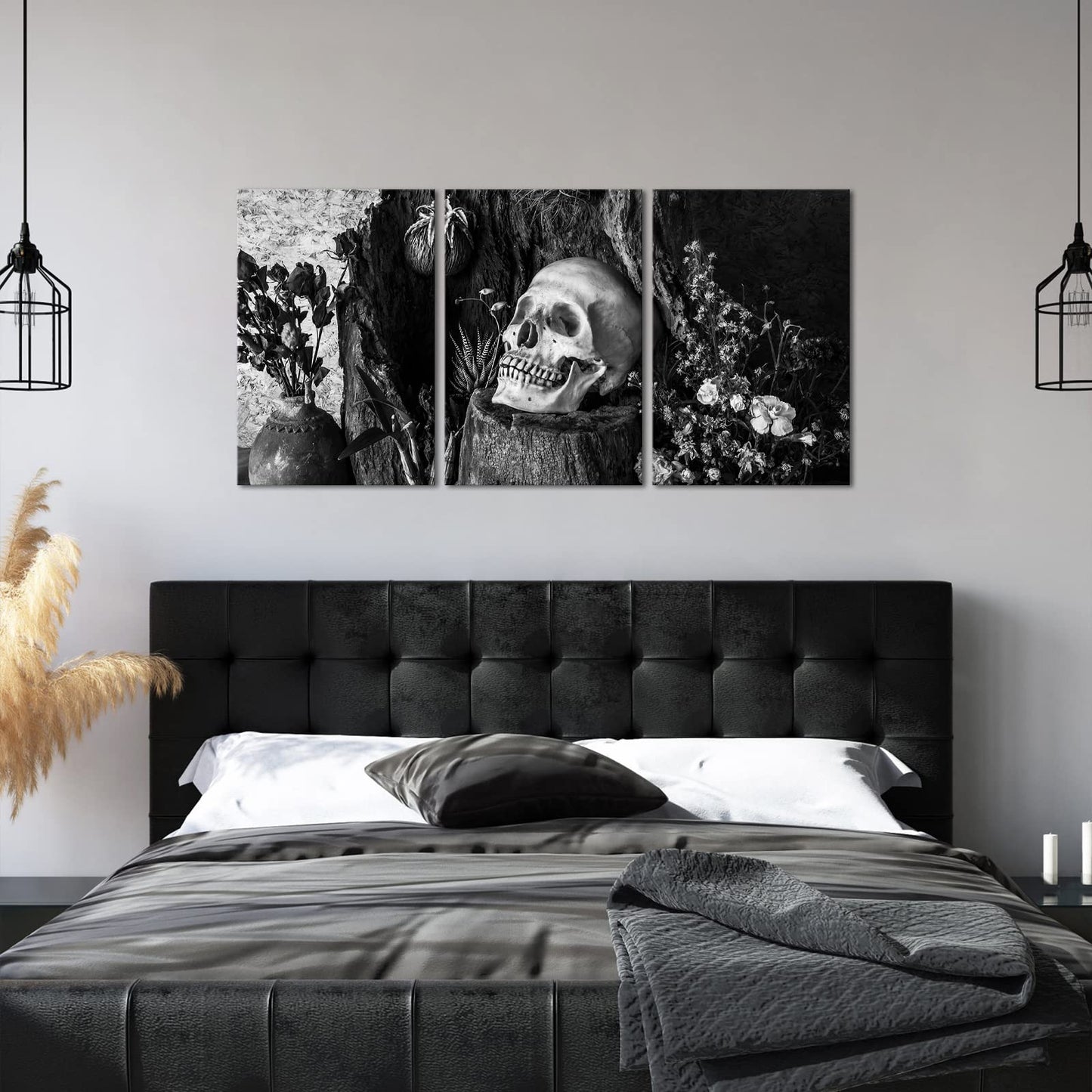 NutArtPic Skull Painting Day of the Dead Wall Art Black White Skull Flower Wall Picture Gothic Skeleton Canvas Gallery Wrapped (Black White, Medium)