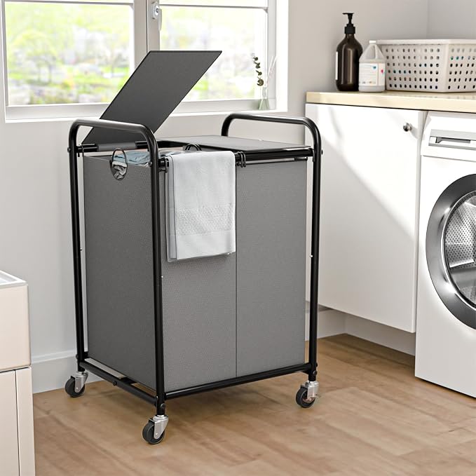 120L (31.7 Gal) Laundry Sorter 2 Section, Rolling Laundry Basket with Lockable Wheels and Lid, Laundry Hamper with 2 Separated Removable Bags Dirty Clothes Hamper for Laundry Room Organizer, Grey