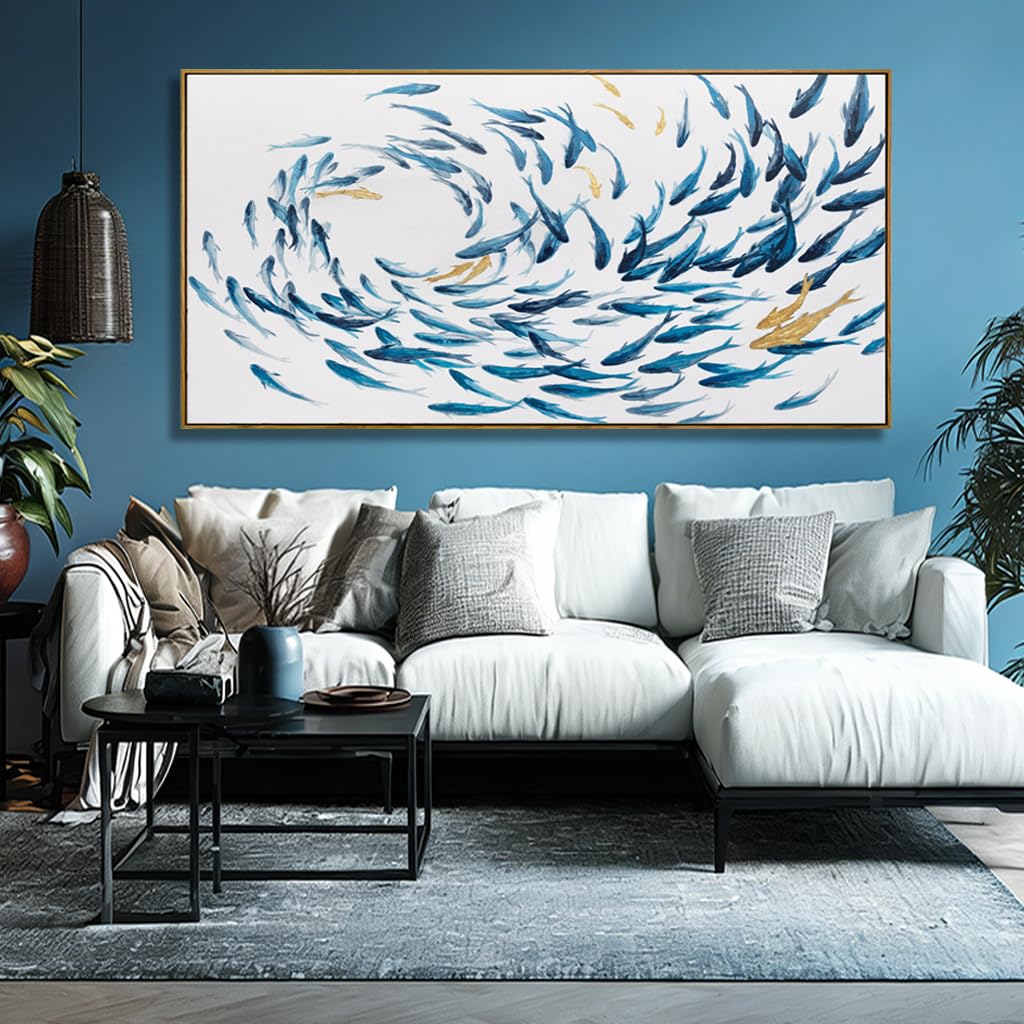 Canvas Wall Art Blue Fish Ocean Sea Framed Artwork Large Pictures Wall Decor Artwork Prints Poster Animal Arts 29"x58"for Living Room Office