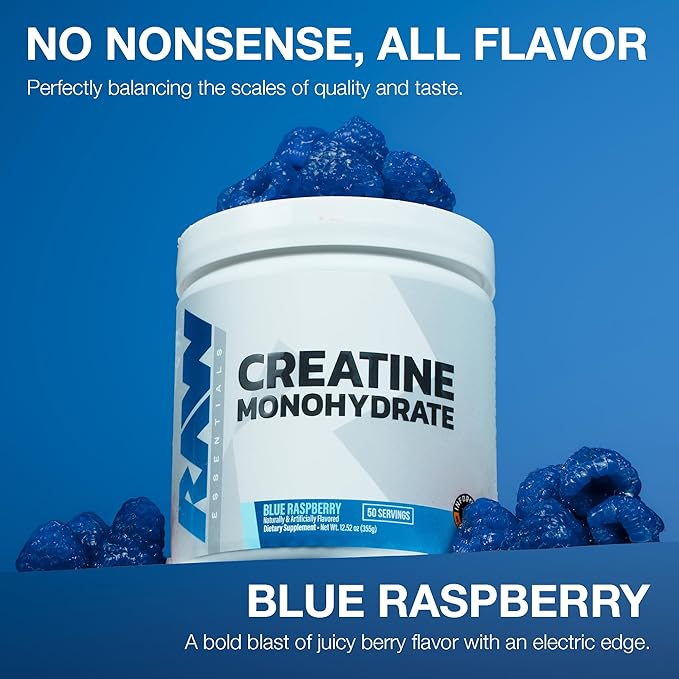 RAW Nutrition Creatine Monohydrate Powder, Blue Raspberry (30 Servings) - Micronized Creatine Monohydrate Supplement for Workout Performance, Build Muscle & Strength - Creatine Powder for Men & Women