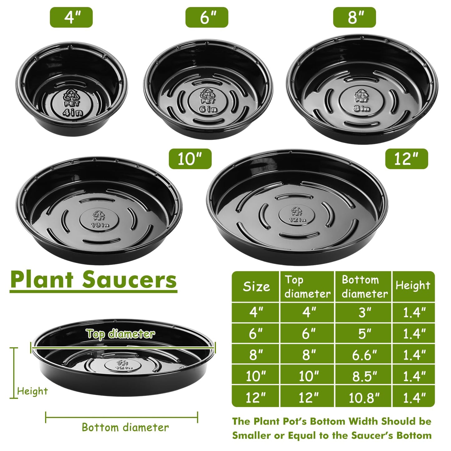Plant Saucer 30 Pack Plant Trays for Pots 4/6/8/10/12 Inch Plastic Plant Saucers for Outdoors & Indoors Black Drip Trays for Potted Plants Flower Pot Plates to Catch Water Drainage Dishes No Holes