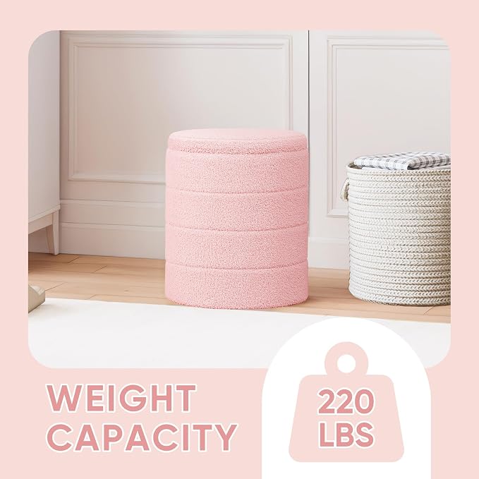 PINPLUS Round Storage Ottoman Foot Rest Stool with Tray Velvet Sherpa Folding Storage Ottoman,Boucle Foot Rest for Living Room, Bedroom, Dorm（Pink）