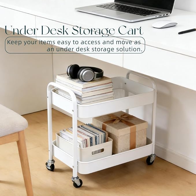 2 Tier Short Rolling Cart with Wheels for Under Desk Storage & Pantry Storage, Large Capacity Metal Kitchen Utility Cart for Small Space, Laundry Room Organizer Side Table with 4 Hooks, White