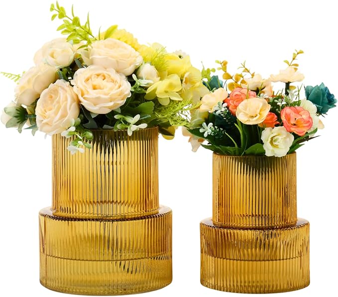Ribbed Glass Vases for Bouquet, Set of 2 Amber Vases for Flowers, Amber Glass Vase for Tulips, Modern Vase for Living Room, Office, Coffe Table, Dining Table, Shelf, Wedding