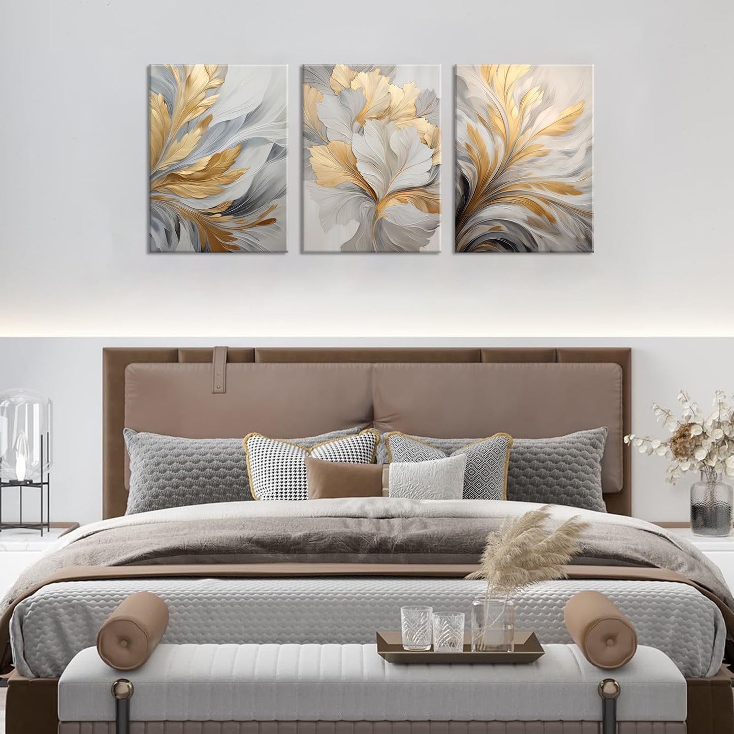 3Pcs Modern Abstract Golden White Leaves Canvas Wall Art Neutral Botanical Wall Decor Pictures Luxury Posters Prints for Living Room Bedroom Office Home Decorations, 12x16in
