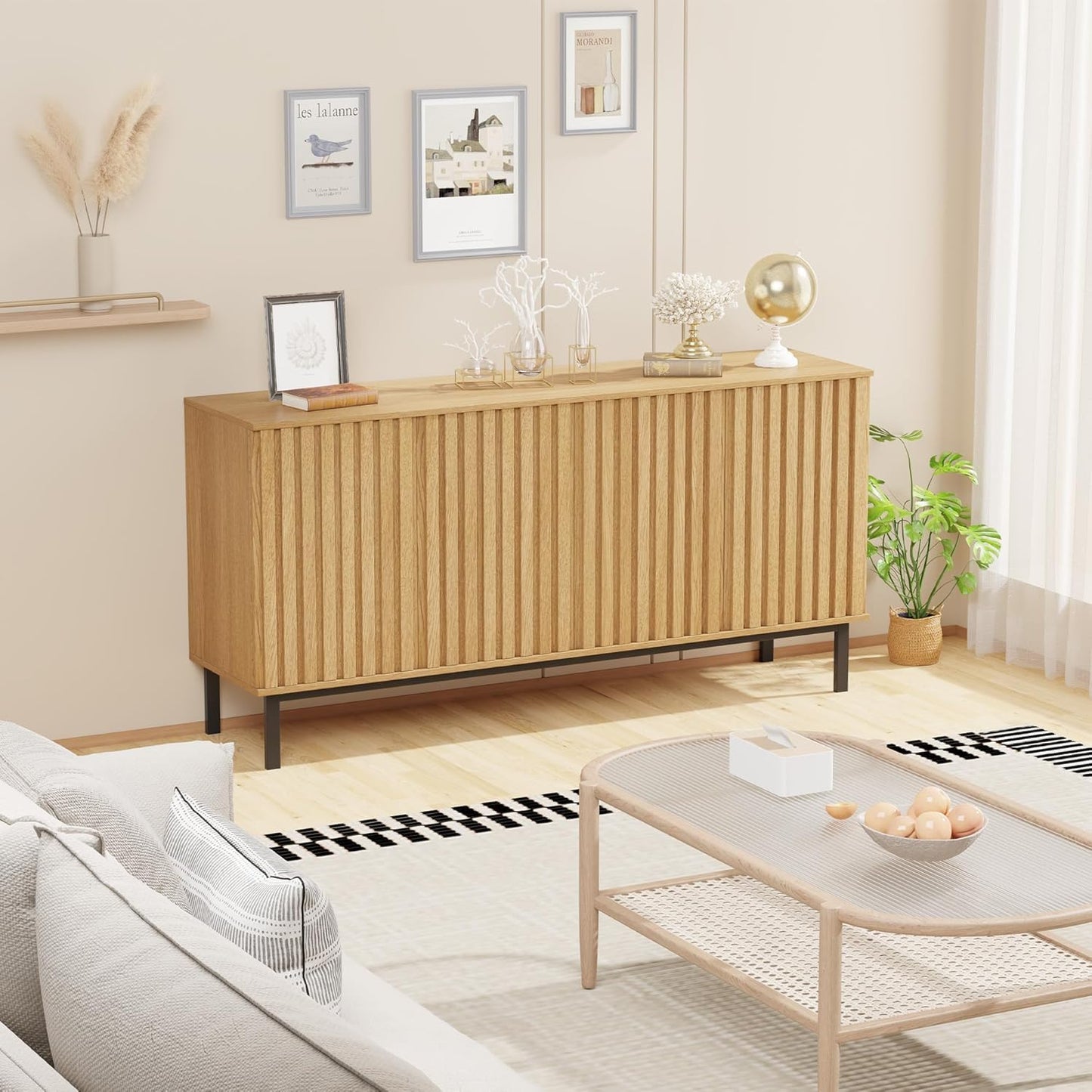 Garvee 60 Inch Sideboard Buffet Cabinet with Fluted Doors, Modern Wood Storage Cabinet with Adjustable Shelf, Freestanding Coffee Bar for Dining Room Living Room