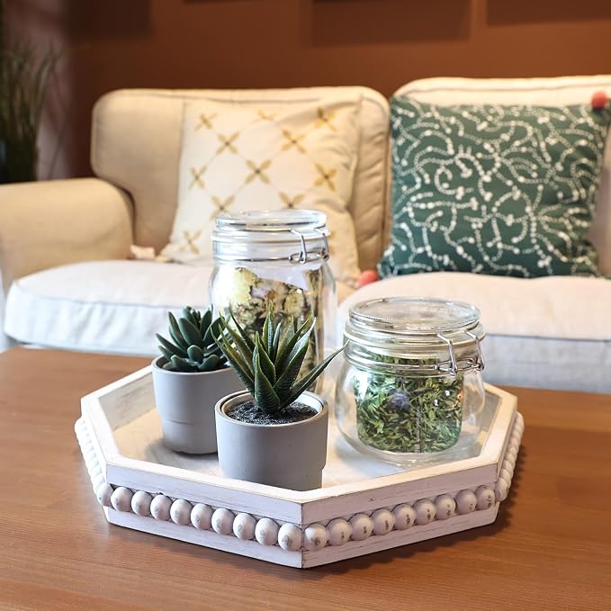 Hrastany Whitewashed Octagonal Wood Decorative Tray, Small Farmhouse Wooden Serving Tray with Beads, Versatile Shabby Chic Coffee Table Tray for Kitchen Counter, Ottoman, Living Room