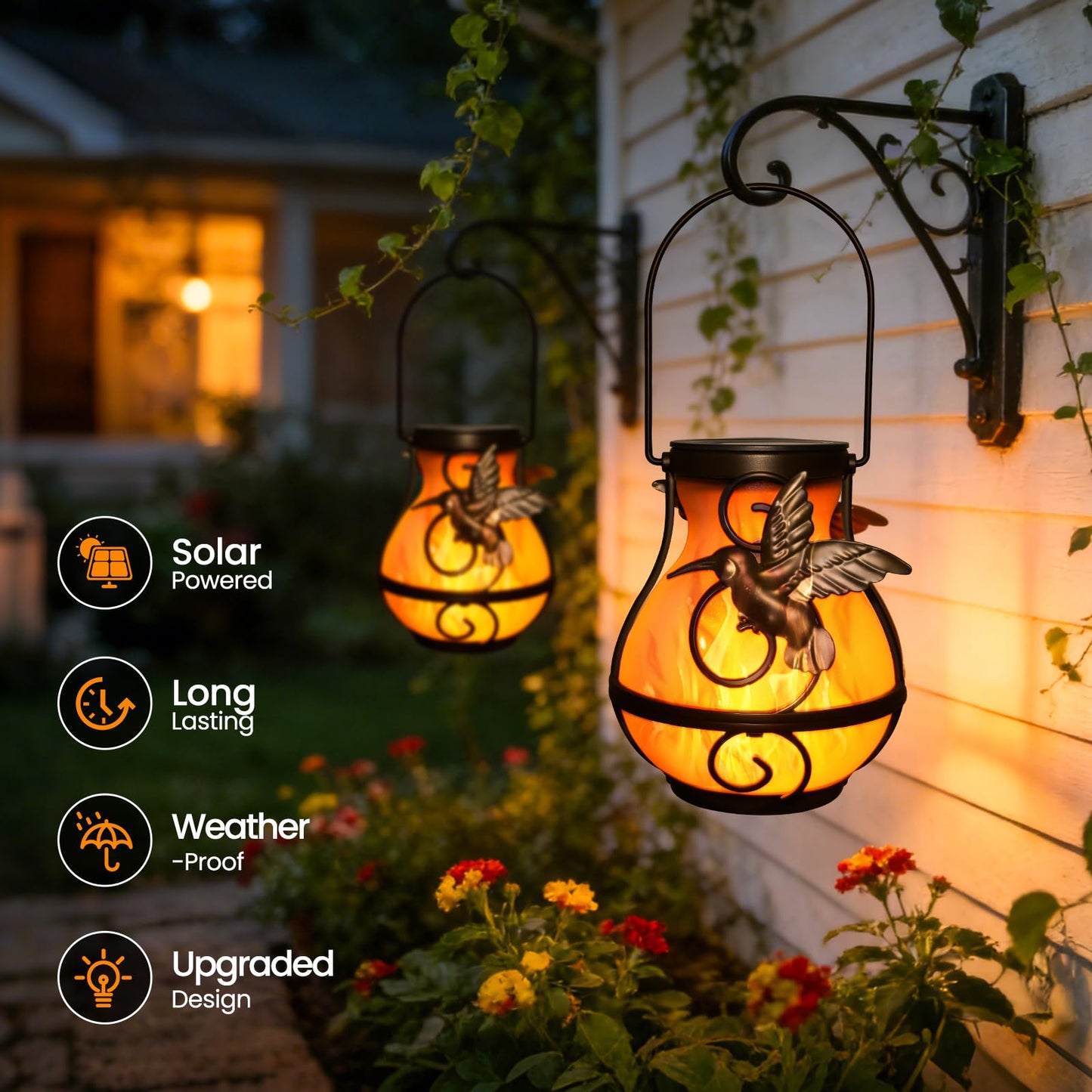 2 Pack Solar Lanterns Outdoor Waterproof, Plastic Flickering Flame Lights with Hummingbird Design, Hanging Solar Lantern for Patio, Porch & Garden Decoration, Gifts for Women, Mom
