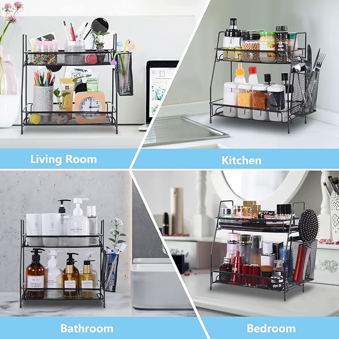 LEMIKKLE 2-Tier Bathroom Countertop Organizer,Skincare, Makeup Countertop Organizers, Kitchen, Bathroom Counter Storage with Small Basket (Black)