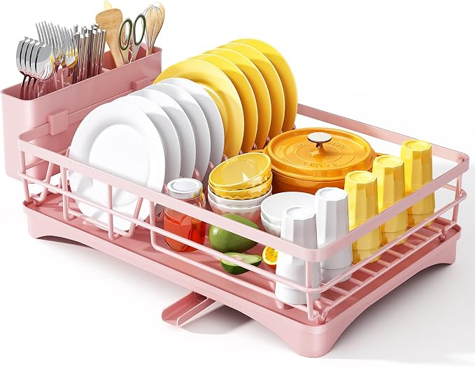 SNTD Dish Drying Rack for Kitchen Counter - Large Dish Rack with Drainboard, Rustproof Dish Drainer with Utensil Holder for Sink, Pink