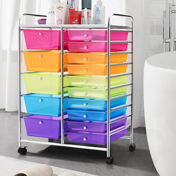 GOFLAME 15-Drawer Rolling Storage Cart, Craft Storage Cart with Removable Drawers & Lockable Wheels, Art Cart Supply Storage Organizer for Home Office Classroom, Rainbow