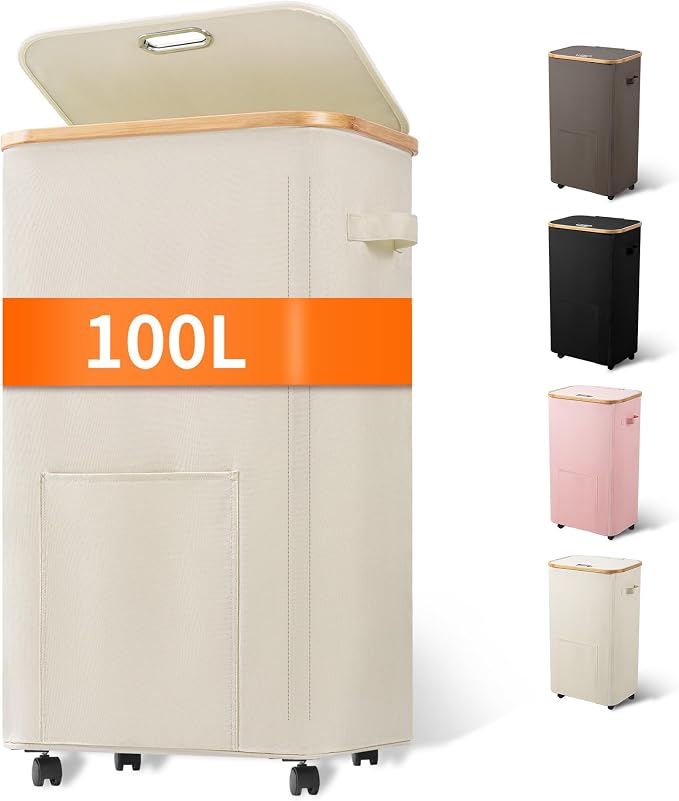 Vincona Laundry Basket with Wheels, Tall Dirty Clothes Hamper on Wheels, Rolling Laundry Hamper with lid for Dorm, Bedroom and Bathroom (Beige, 100L)