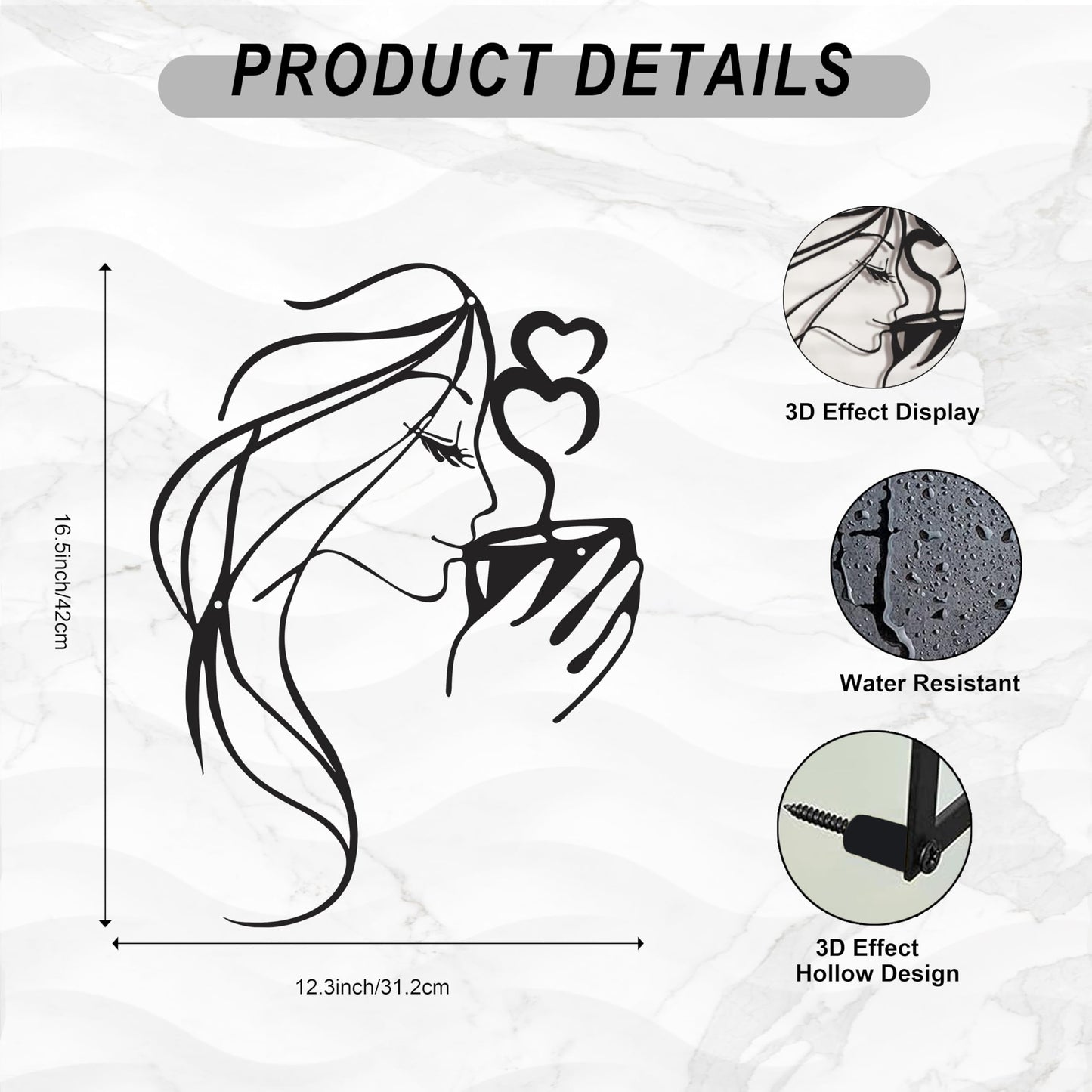 LIYAOLI 3D Black Metal Coffee Wall Art Bar Sign Decor,Kitchen Line Art Wall Decor,Woman Drinking Coffee Wall Sculptures,Unique Modern Wall Art for Living Room,Bedroom