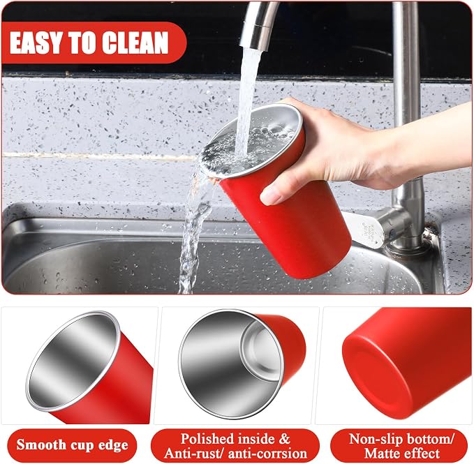 Mimorou 20 Pack 16 oz Stainless Steel Pint Cups Metal Cups Unbreakable Drinking Water Tumblers Stackable Tumbler for Adults Bar Home Restaurant Travel Picnic Camping Outdoor (Red)