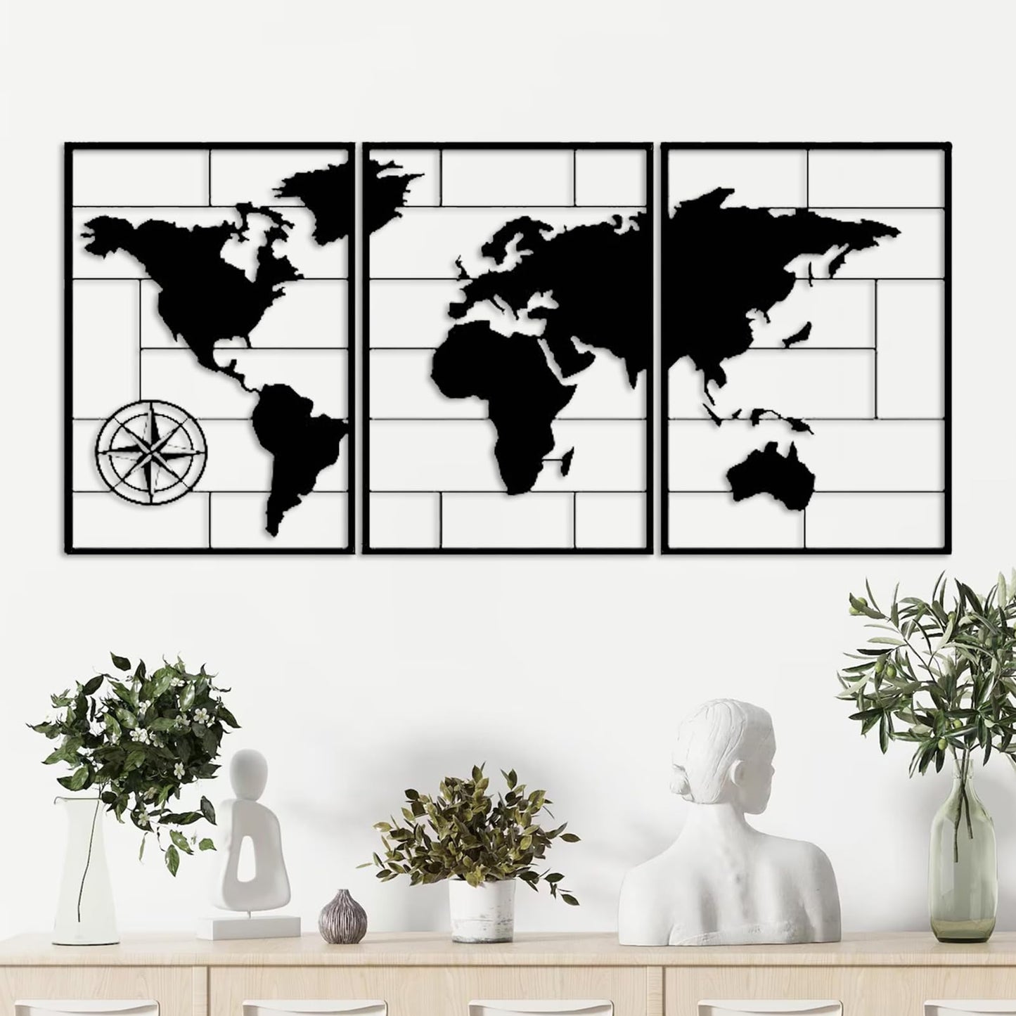 DUOOLN 3-Piece Metal World Map Wall Decor Art, Abstract Minimalist Hanging Sculpture, Travel Enthusiast Gift, Perfect Travel-Themed Artwork, Home Office Hotel Decoration - Black, 33.8“ W x 15.7” H / 86x40cm
