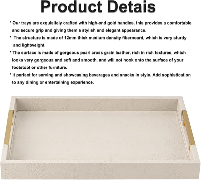 Beige Faux Leather Serving Tray with Handles – Large Decorative Tray for Coffee Table, Ottoman, Living Room, Bathroom – Home Decor