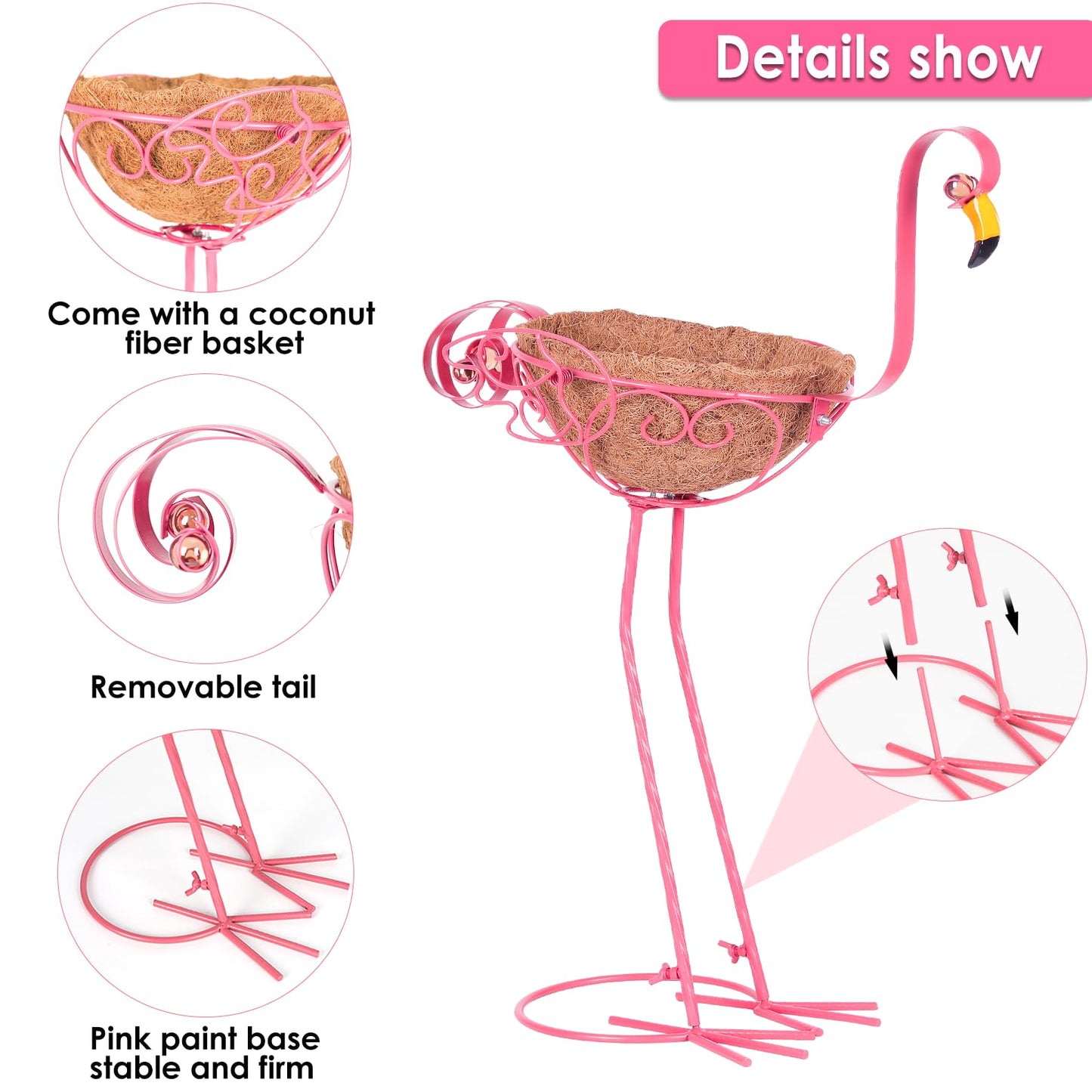 Derynome Pink Flamingo Garden Planters, Set of 2 Metal Flamingo Outdoor Planters with Basket, Flamingos Decorations for Indoor Outdoor Garden Decor
