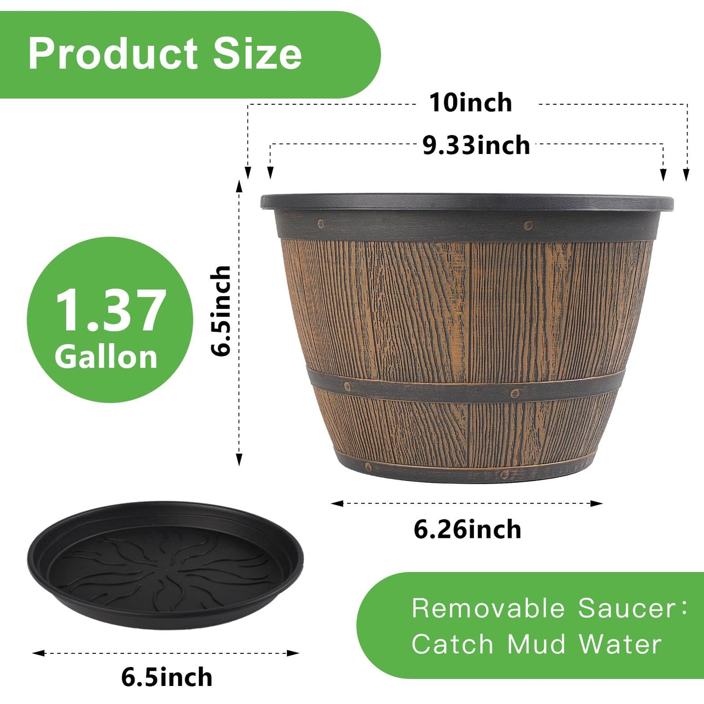 10-inch-Plant-Pots-Indoor-Outdoor, 4 Pack Whiskey Barrel Planters with Drainage Holes & Saucer, Plastic Flower Pots Imitation Wine Barrel Design, Decorative Garden Pots for Plants