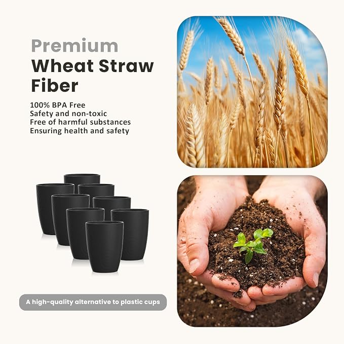 Homienly Wheat Straw Cups 8 PCS Plastic Cups Unbreakable Drinking Cup Reusable Dishwasher Safe Water Glasses with Black Colors (12 OZ)