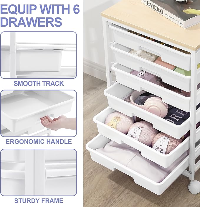 SYKIARIOL Rolling Cart with Drawers,Utility Cart with 6 Drawers,Rolling Storage Cart with Drawers and Wooden Tabletop & Lockable Wheel,White