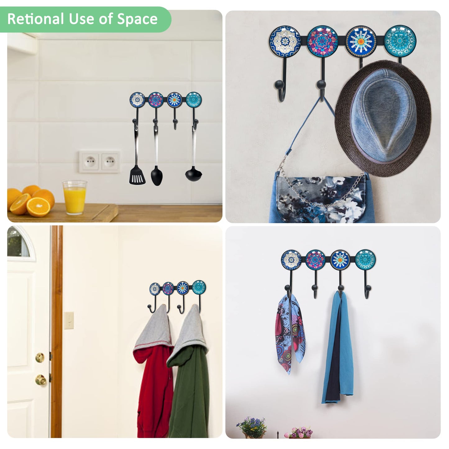 Banllis Coat Rack Wall Mounted with 4 Hooks, Round Blue Pattern Decorative Wall Hooks for Hanging Hat, Key, Towel, Purse, Bag and Robe, for Entryway Bathroom Organizer Hanger