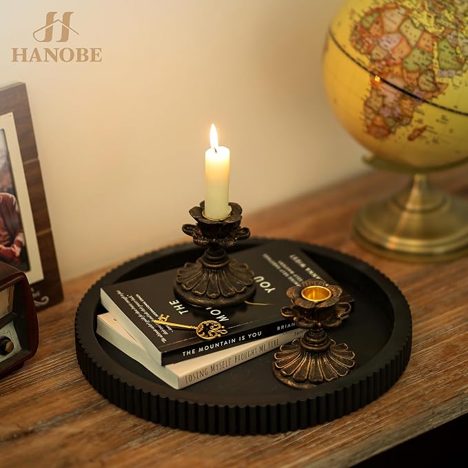 Hanobe Decorative Tray for Coffee Table: 12" Black Round Centerpiece Tray for Home Decor - Wood Modern Farmhouse Decor for Living Dining Room Kitchen Island Tabletop