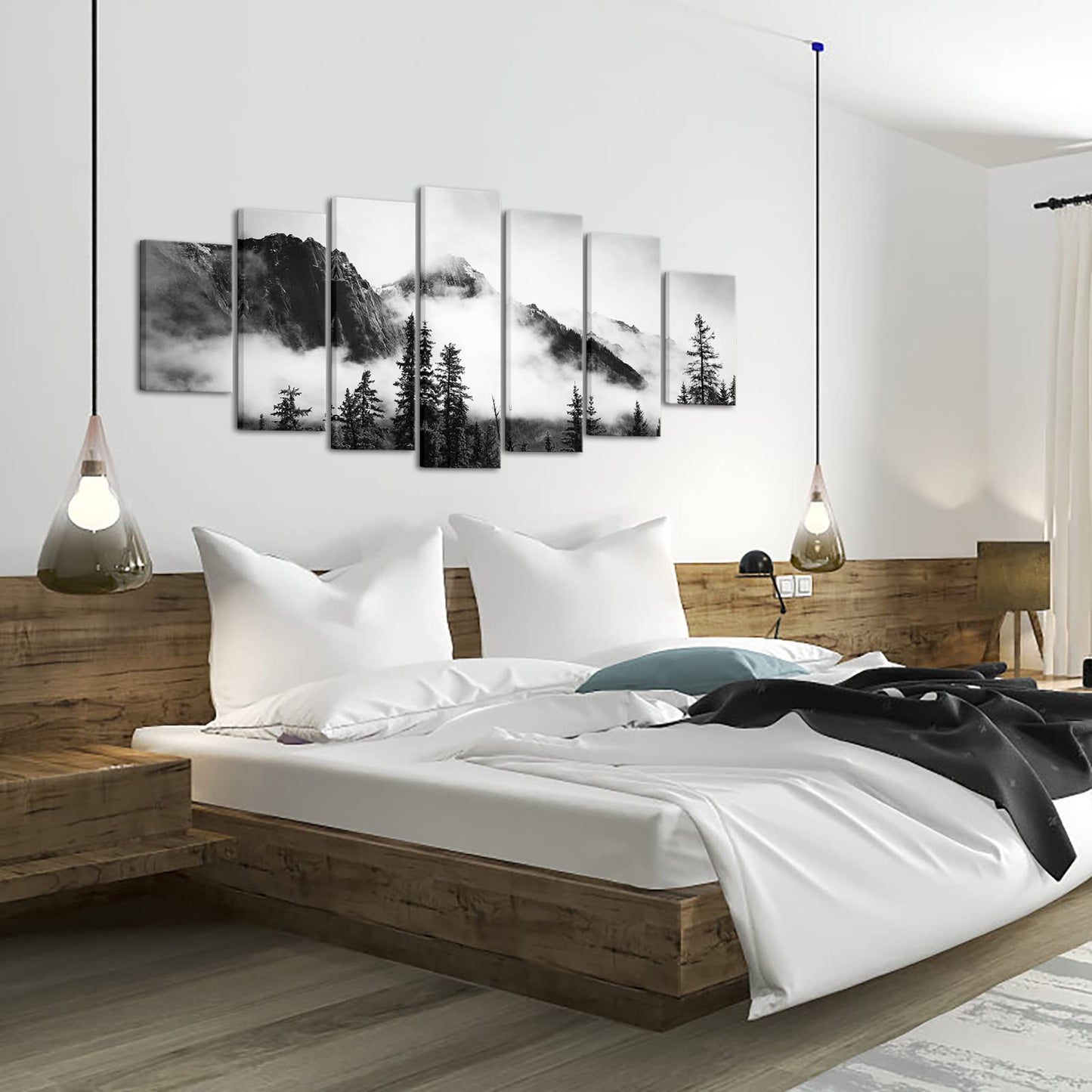 NutArtPic 7 Pieces Foggy Forest Canvas Wall Art Black and White Misty Mountain Artwork Prints Banff National Park Painting Framed Home Office Bedroom Decor 70''x32''