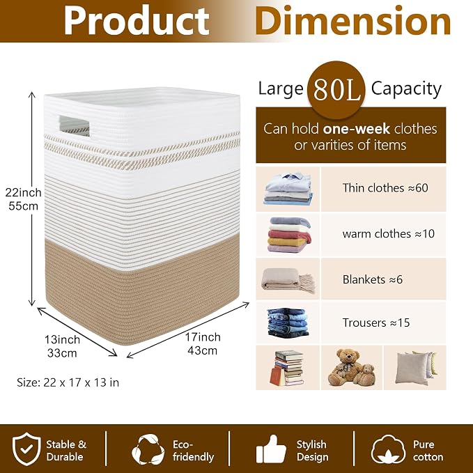 80L Large Cotton Rope Laundry Basket for Bedroom & Laundry Room, Tall Clothes Hamper with Sturdy Handles, Neutral Storage Bin Capable of Holding Blankets and Toys