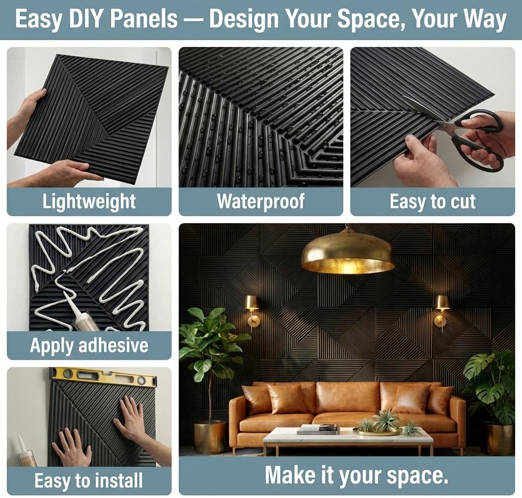 RIZZ TILE Matte Black 3D Wall Panels – 12 Pack 19.7"x19.7" Textured PVC Panels for Modern Accent Wall Decor, Waterproof 3D Wallscape Tiles for Gaming Room, Living Room & Office (Covers 32.4 Sq.Ft)