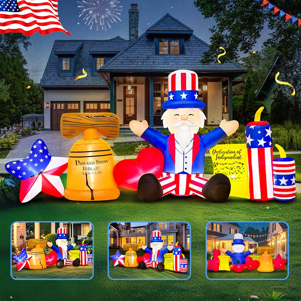 8FT Patriotic Independence Day 4th of July Inflatables Outdoor Decoration, Inflatable Uncle Sam Comboine, Built in LED Lights Blow up Fourth of July Decor for Holiday Party Garden Yard Lawn
