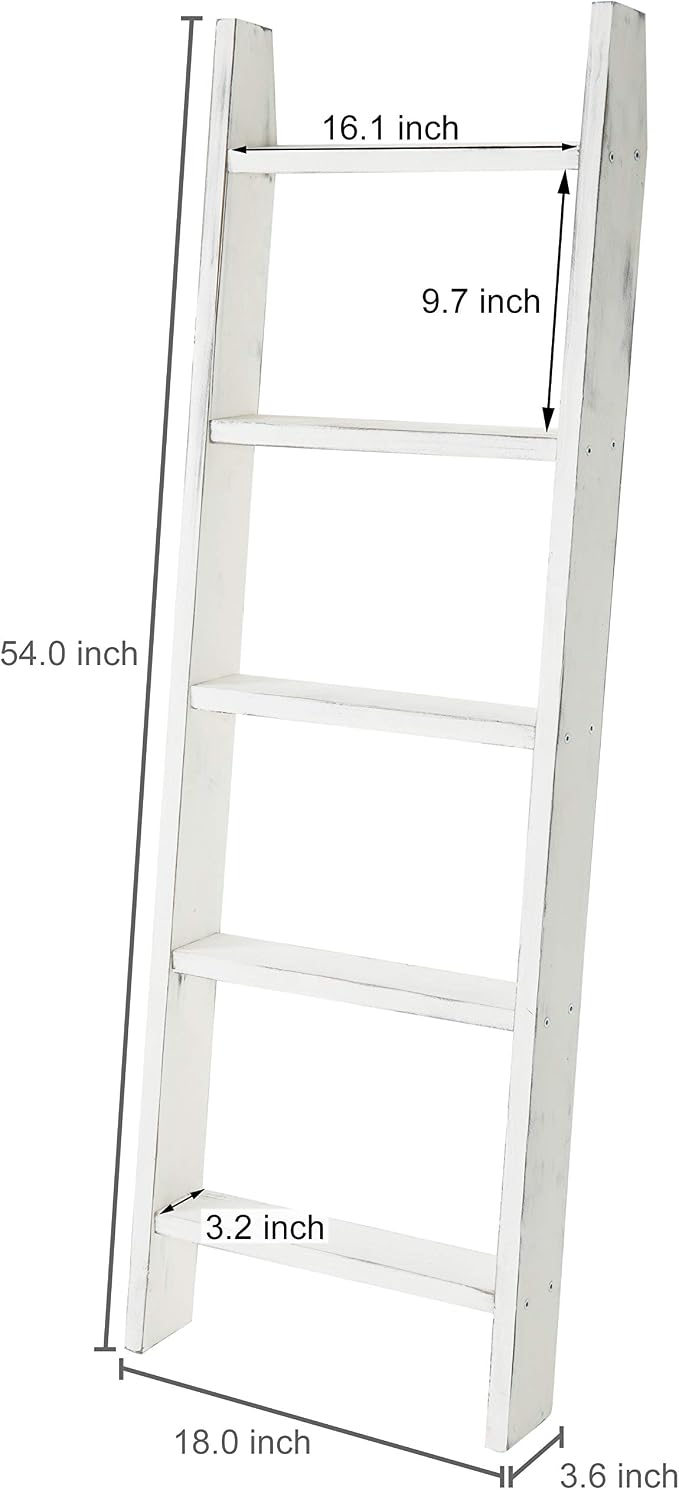 MyGift Large Whitewashed Wood Ladder Blanket Ladder, Farmhouse Style Wall Leaning Towel Rack with 5 Rungs (Vintage White)