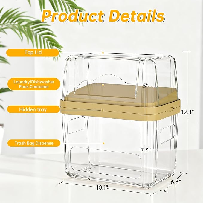 2-in-1 Trash Bag Dispenser & Laundry/Dishwasher Pods Container, Clear Acrylic Garbage Bag Holder with Removable Lids, Under Sink Organizer Kitchen Pantry Storage Box