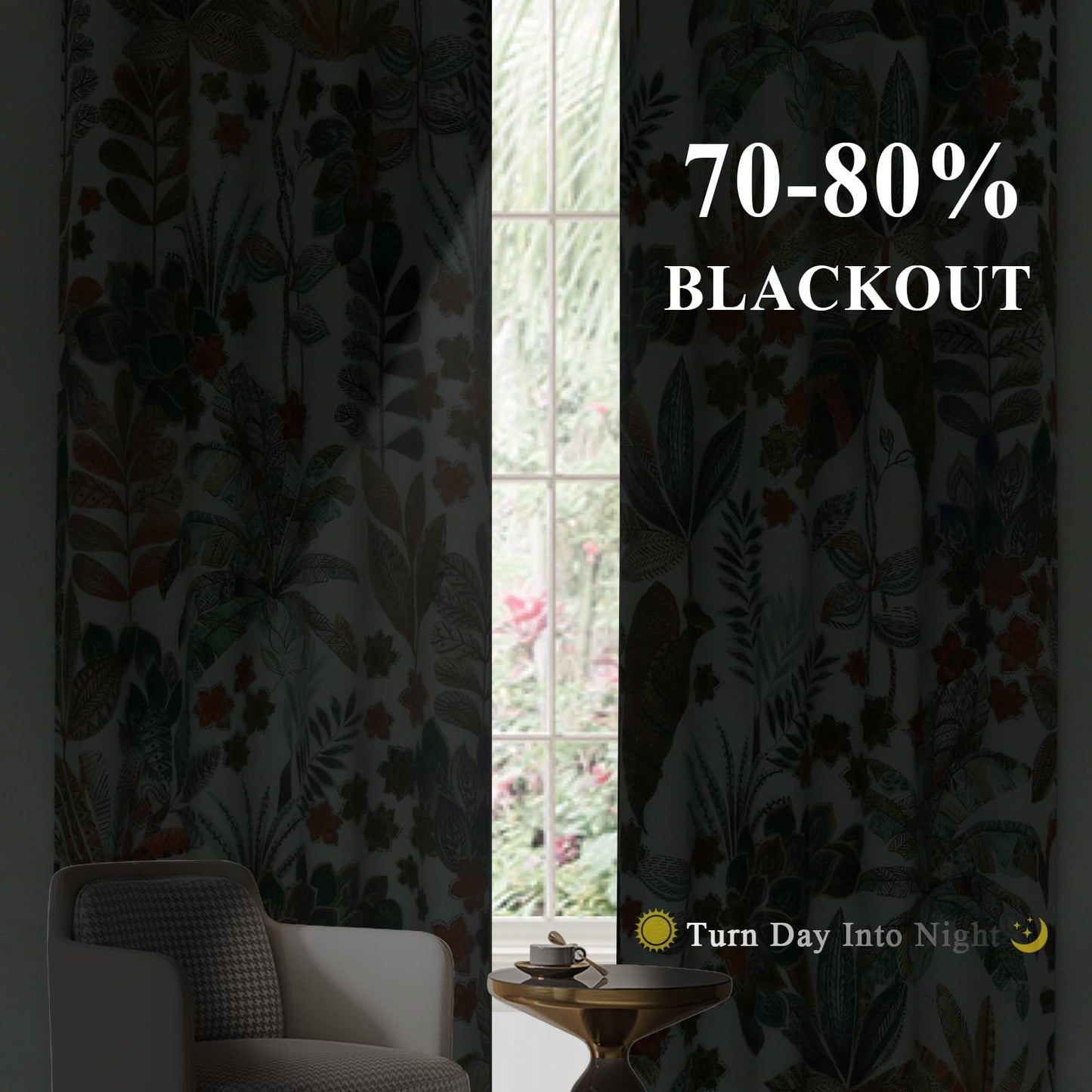 Estelar Textiler Maple Leaves Room Darkening Boho Curtains 84 inch Length 2 Panels Set for Living Room, Watercolor Leaf Pattern Design Grommet Window Floral Drapes for Bedroom, 52Wx84L