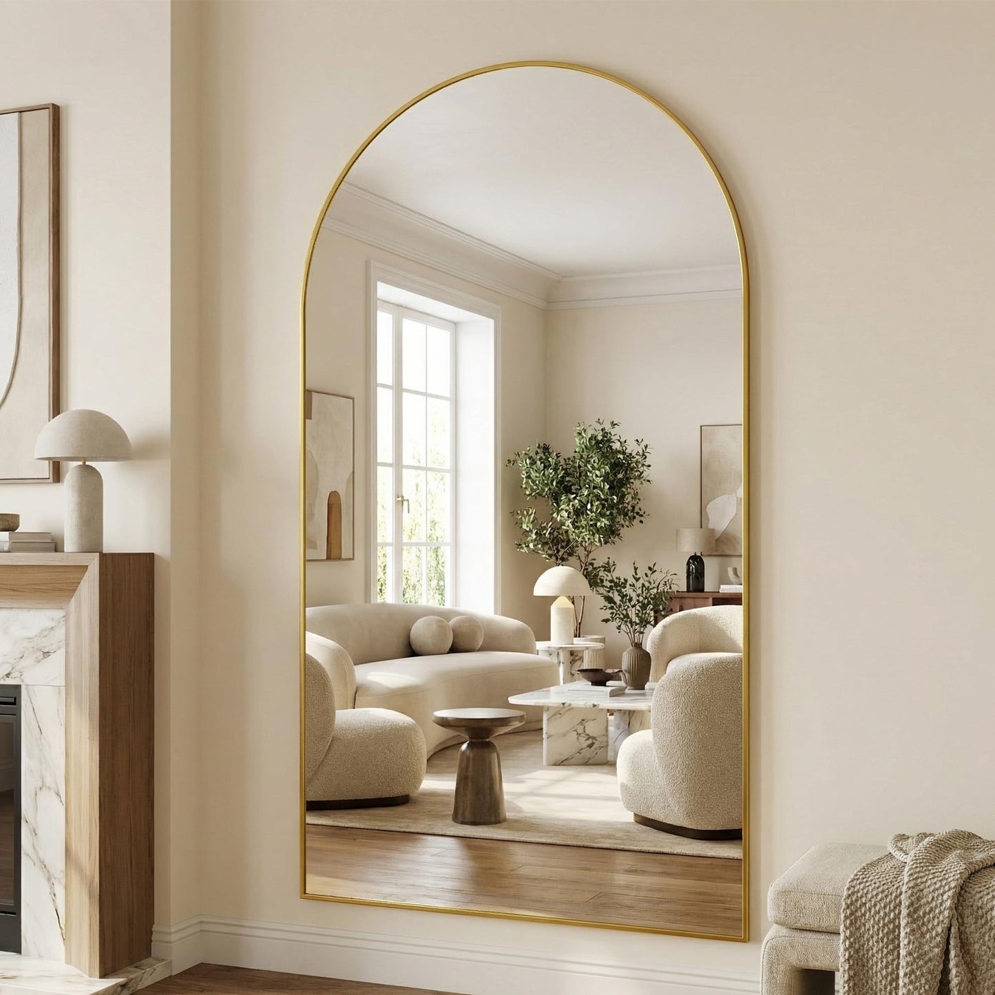 Suidia 76"x44" Arched Full Length Mirror with Stand, Full Body Mirror with Aluminum Frame, Freestanding/Leaning/Wall-Mounted, Floor Mirrors for Bedroom, Living Room, Entryway, Dressing Room, Gold