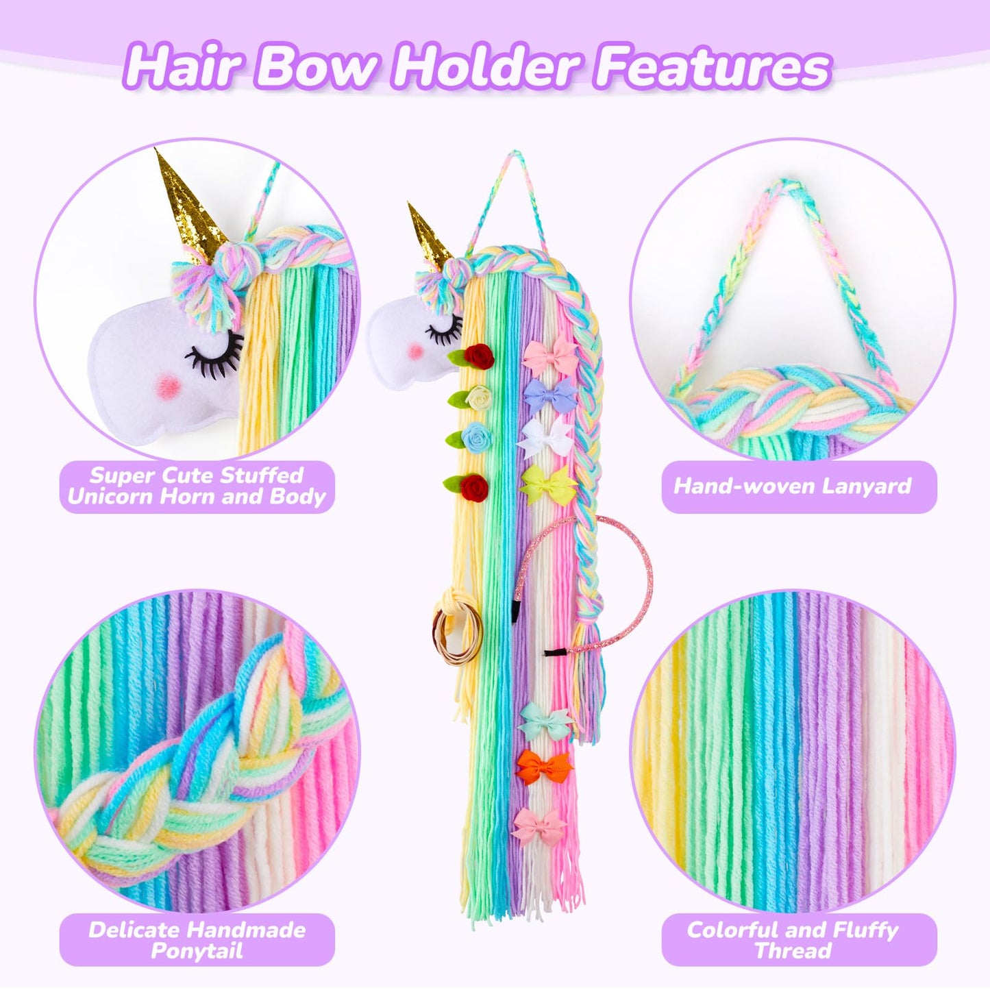 Basumee Unicorn Hair Bow Holder for Girls Wall Hanging Decor and Baby Hair Clip Hanger Organizer, Rainbow