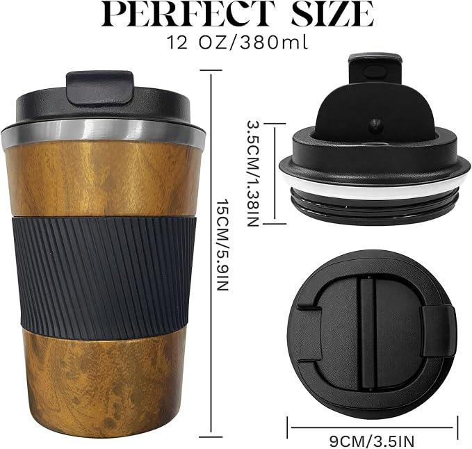 YINBAOGE Insulated Travel Coffee Mug, Spill & Leak Proof, Portable To Go Camping Stainless Steel Coffee Tumbler, Reusable Thermal Coffee Cup with Lid for Hot & Cold Drinks (Wood Grain, 12 OZ)