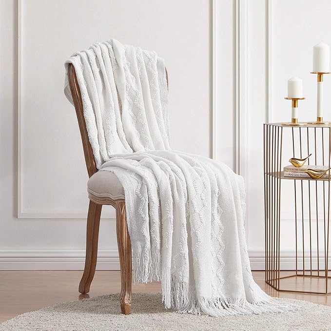 BOURINA Fluffy Chenille Knitted Fringe Throw Blanket Lightweight Soft Cozy for Bed Sofa Chair Throw Blankets, Off White 60"x80"