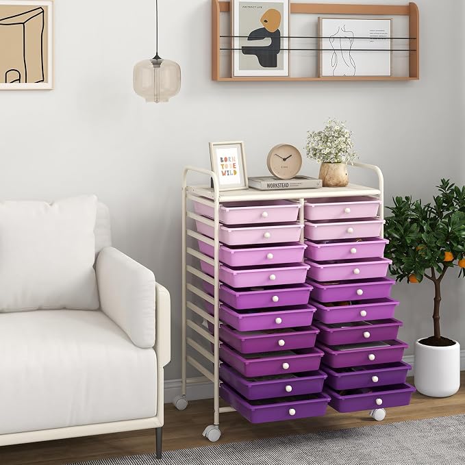 COSTWAY 20-Drawer Rolling Storage Cart, Utility Storage Organizer Cart for Tools, Scrapbook, Paper, Craft, Multipurpose Storage Trolley on Wheels for Home Office School, Purple Gradient
